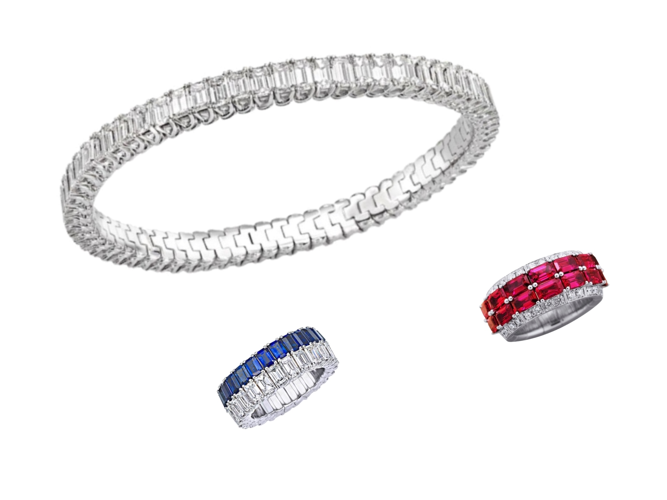 The Xpandable Diamond Bracelet, Xpandable Sapphire and Diamond Band, and the For the Love of Color Band in Ruby, all by Picchiotti and available at Deutsch Fine Jewelry in Houston, Texas.