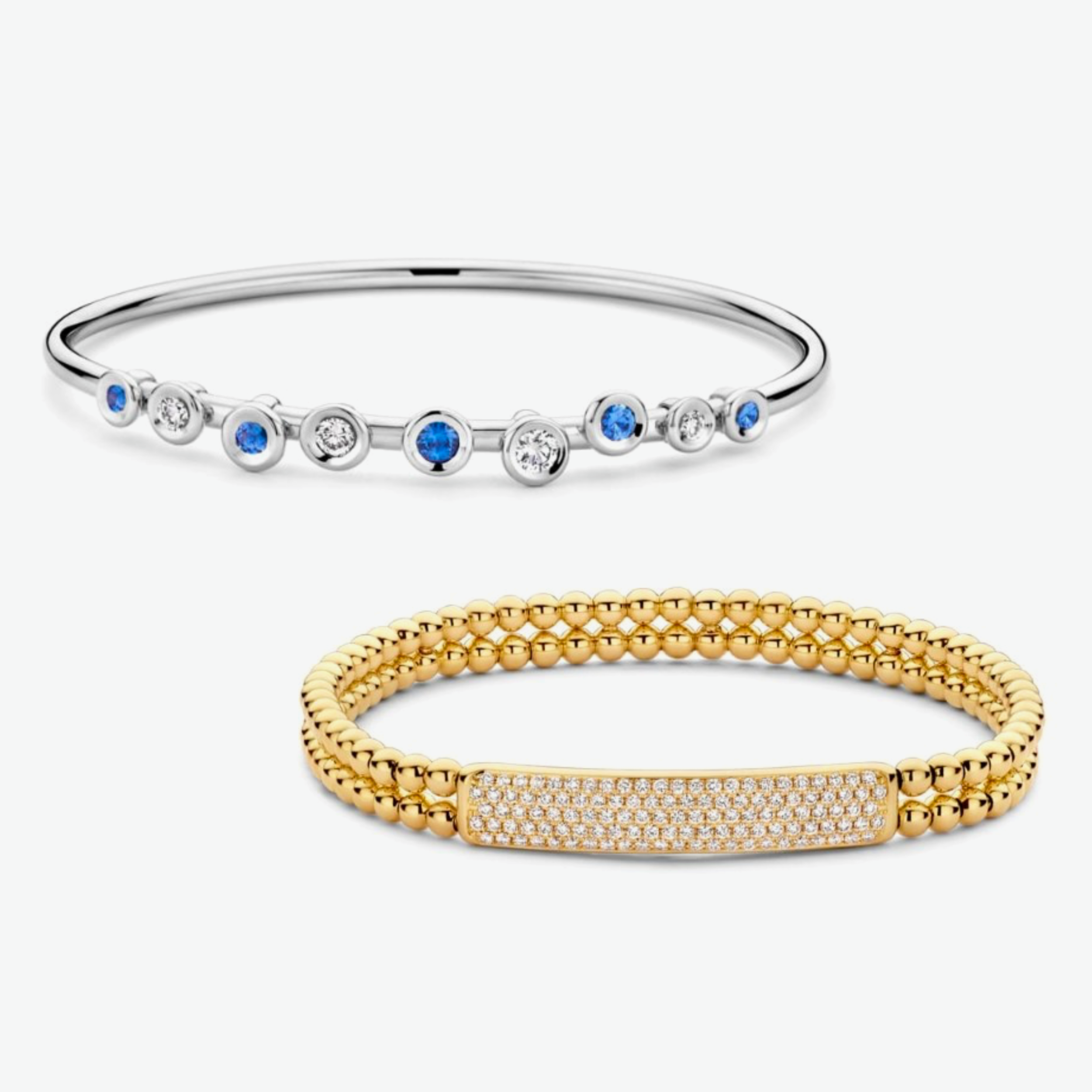 White gold Blue Sapphire Top Bangle Bracelet with diamond accents and yellow gold Double Bead Stretch bracelet with five-row diamond pave by Hulchi Belluni, available at Deutsch Fine Jewelry in Houston, Texas.