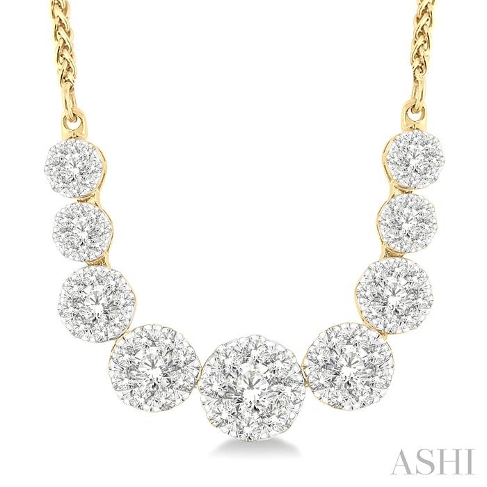 The yellow gold Lovebright Essential Diamond Smile Necklace by Ashi, consists of seven round Lovebright diamond clusters set in a smile pattern and is available at Deutsch Fine Jewelry in Houston, Texas.