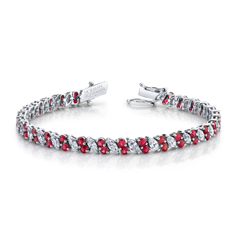 Norman Silverman Diamond Marquise And Round Ruby Line Bracelet