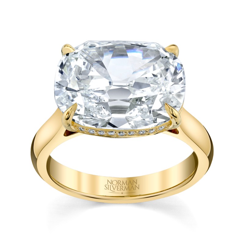 Norman Silverman East West Diamond Ring With Cushion Cut Center And Hidden Halo