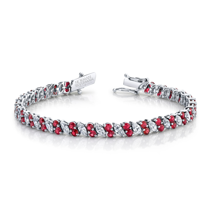 Norman Silverman Diamond Marquise And Round Ruby Line Bracelet