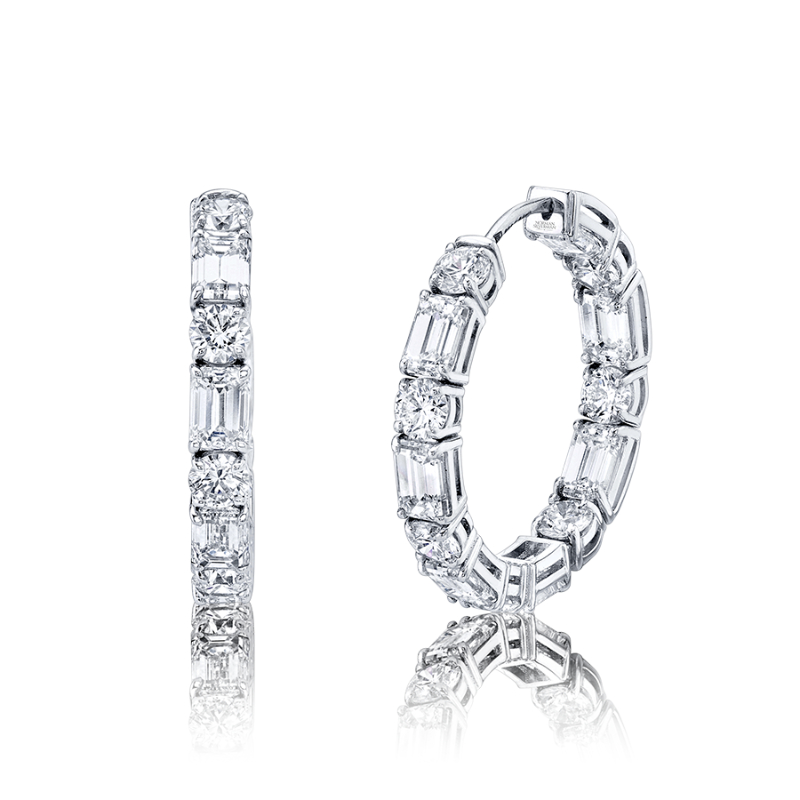 Norman Silverman East West Mixed Shape - Emerald Cut And Round Brilliant Hoop Earrings