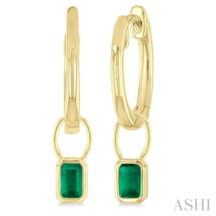 EMERALD SHAPE BEZEL SET GEMSTONE HUGGIE FASHION EARRINGS